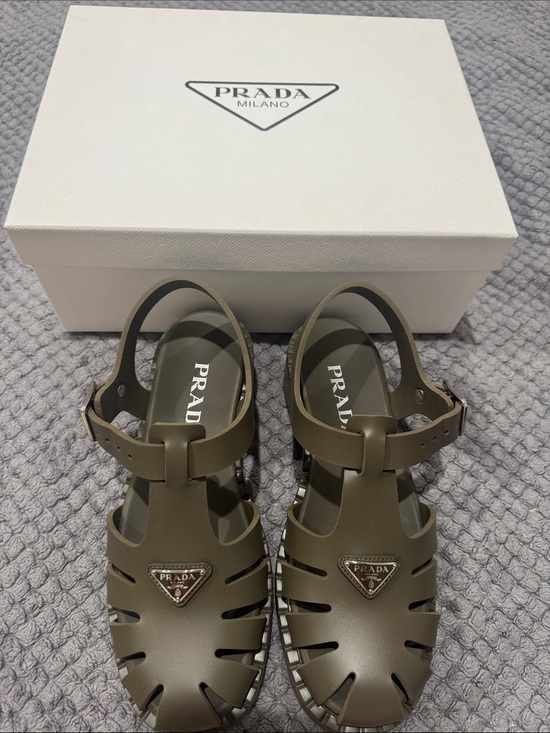 Prada Shoes - PRADA Olive Green Jelly Sandals with Logo Triangle